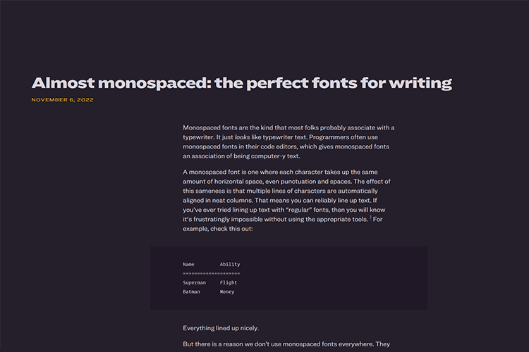 Example from Almost monospaced: the perfect fonts for writing