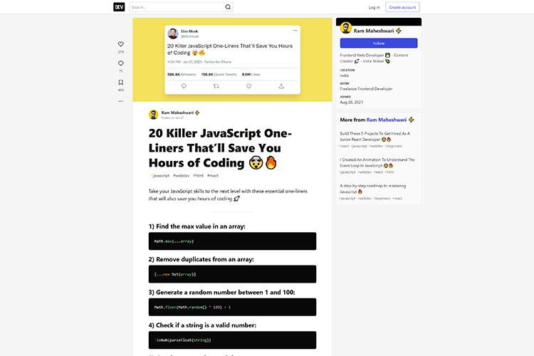 Example from 20 Killer JavaScript One-Liners That’ll Save You Hours of Coding