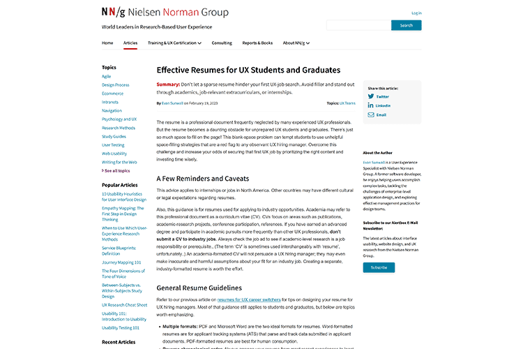 Example from Effective Resumes for UX Students and Graduates