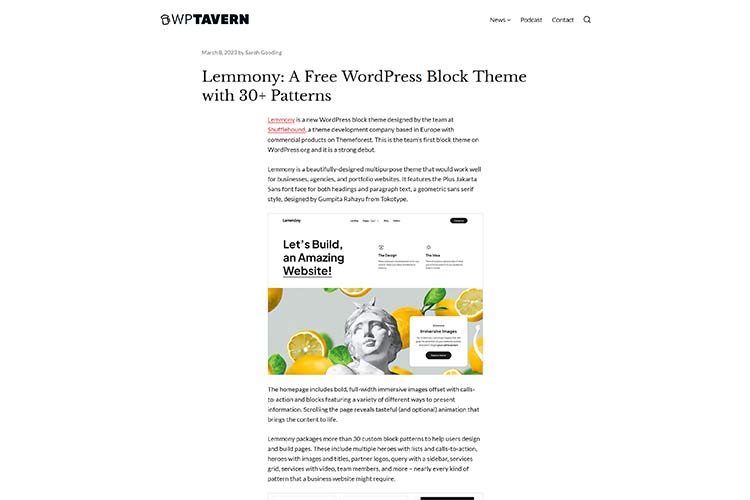 Example from Lemmony: A Free WordPress Block Theme with 30+ Patterns