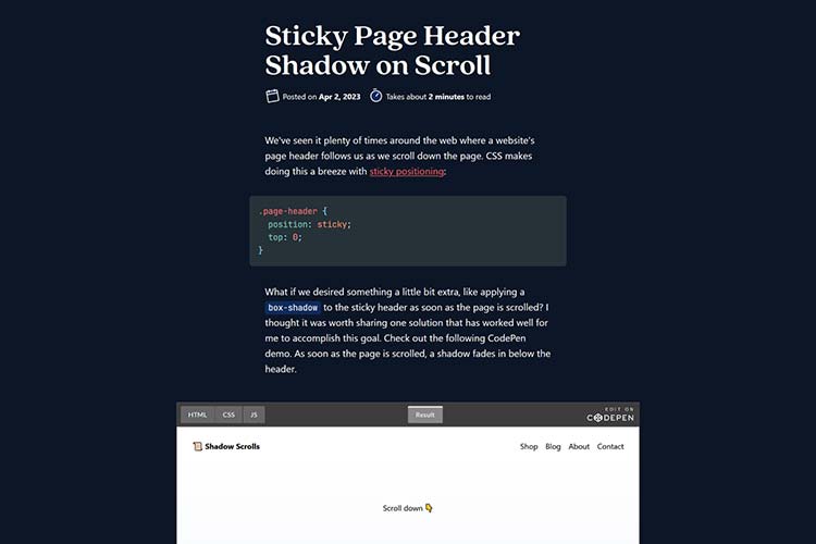 Sticky Page Header Shadow on Scroll