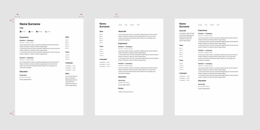 Three Simple Resume CV Template Job Application Figma Design