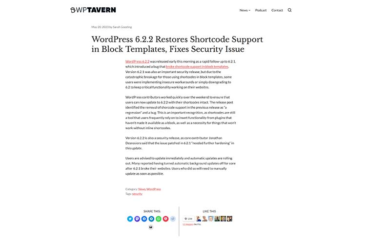 WordPress 6.2.2 Restores Shortcode Support in Block Templates, Fixes Security Issue
