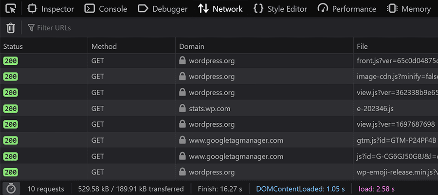 The browser Network tool displays useful information for identifying bottlenecks