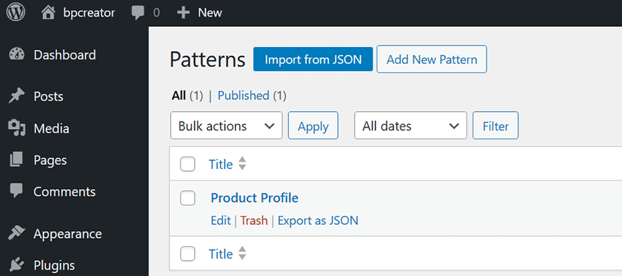 The Patterns screen allows you to import and export block patterns.