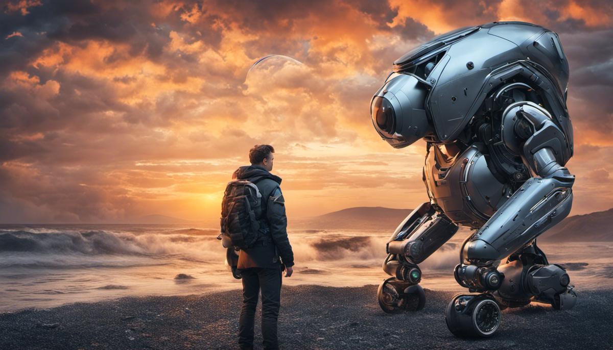 Case studies on AI in Graphic Design featuring a futuristic scene with a human designer and an AI robot in a surreal landscape