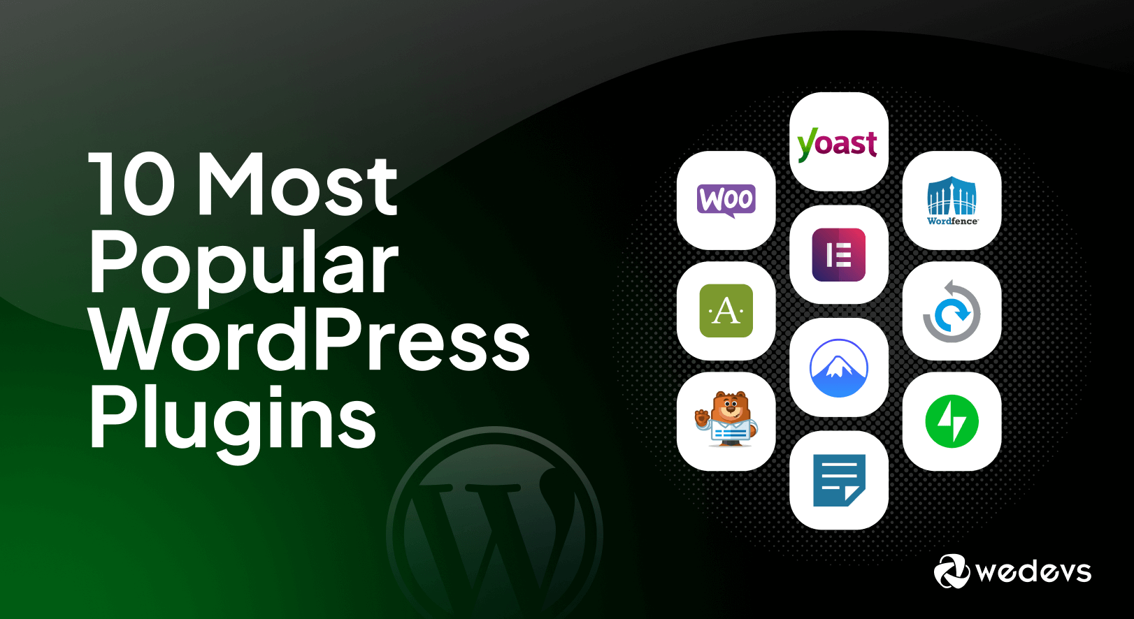 A graphic showcasing the seven great WordPress plugins for website projects in 2025 with icons and labels for each plugin.
