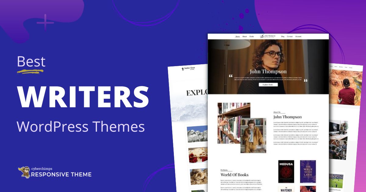 A modern digital workspace collage representing WordPress themes for writers, featuring laptops, notebooks, and writing tools.
