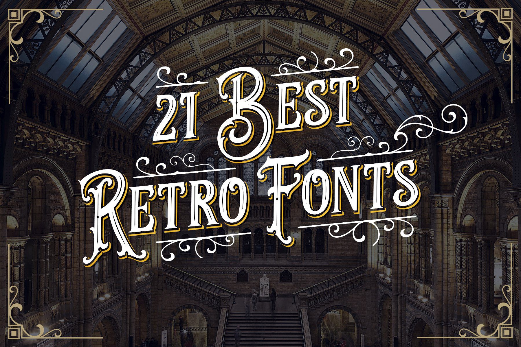 A creative collage of various vintage fonts from the Decade Collection, showcasing scripts, serifs, and hand-drawn styles on a textured vintage background.