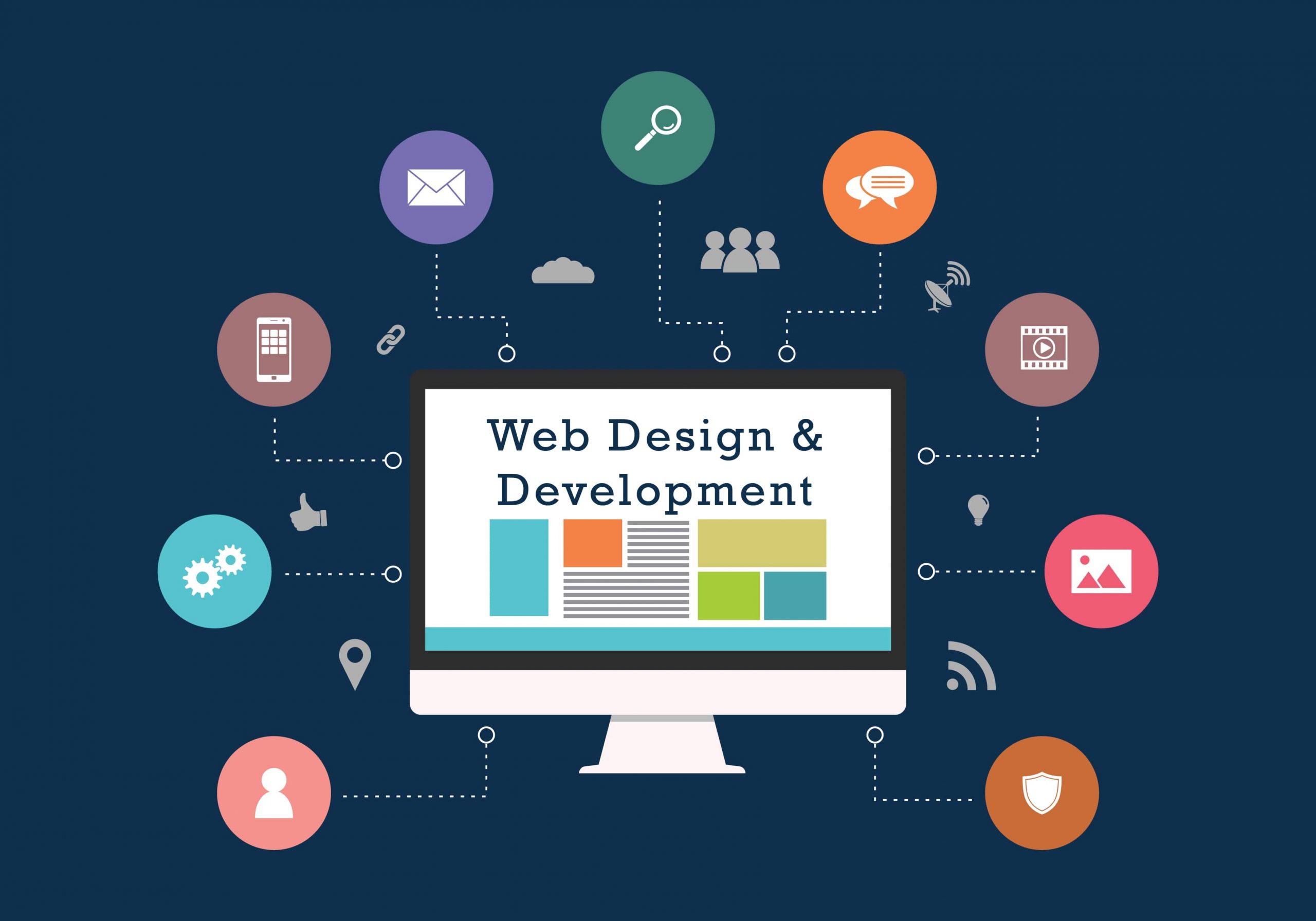 Web developer troubleshooting a broken website with animated elements like cars and stars on the screen.