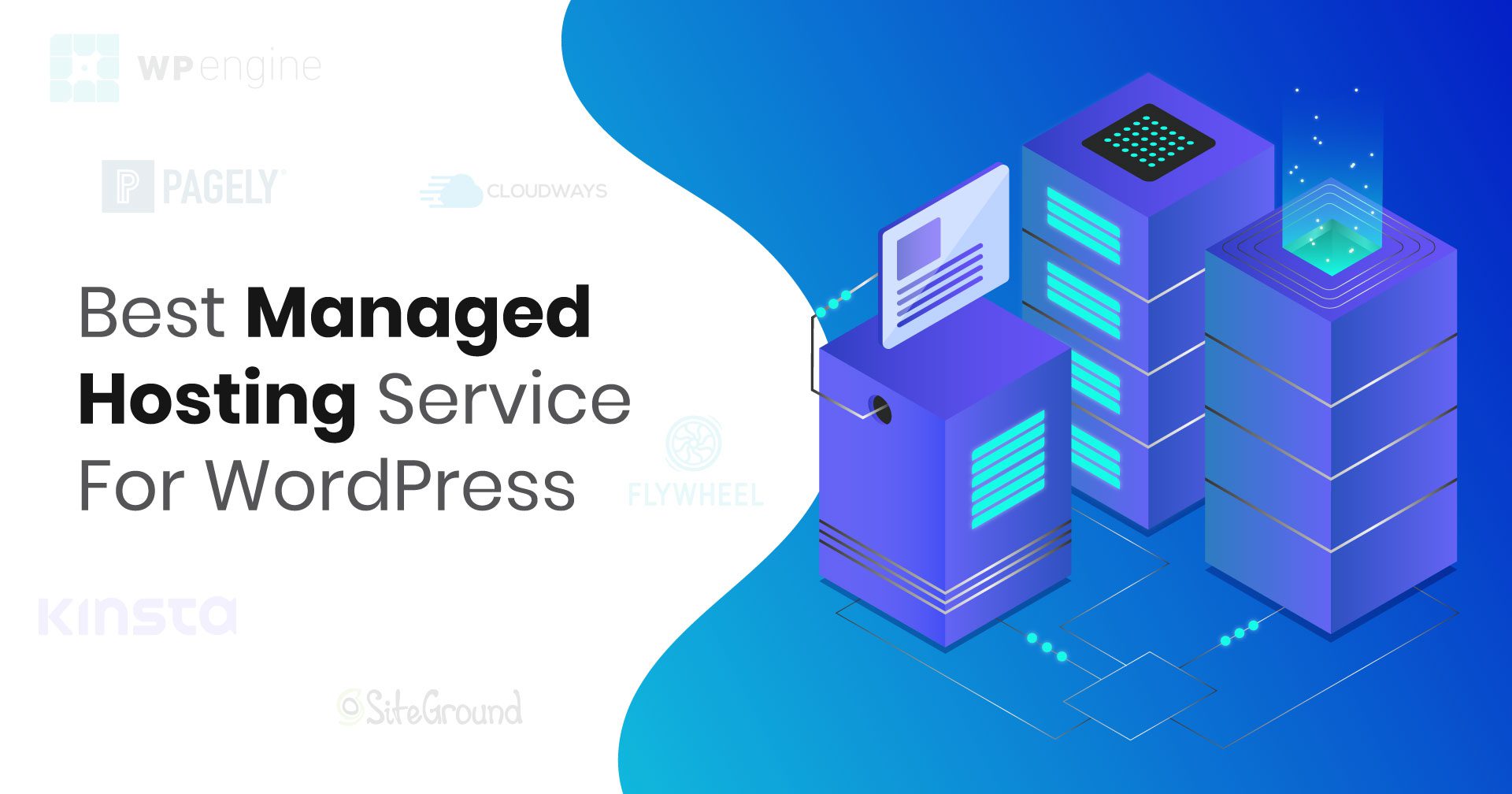 Illustration representing managed WordPress hosting with server, WordPress logos, security shield, and digital workspace