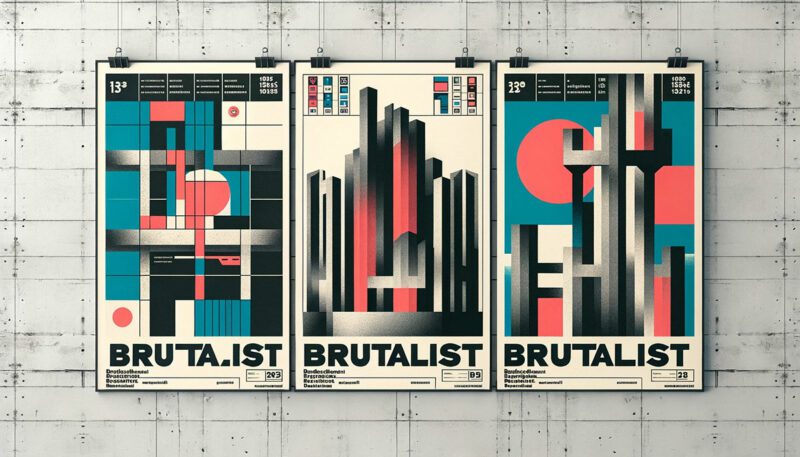 An abstract representation of Brutalist graphic design featuring bold shapes and raw textures in a monochromatic palette with contrasting colors.