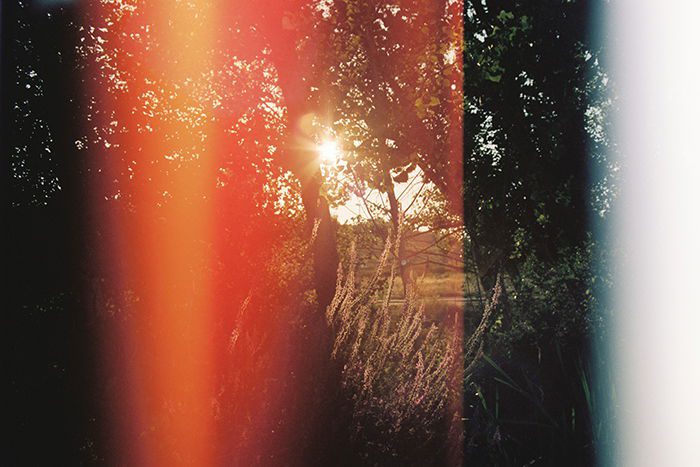 Beautiful scenic landscape with warm light leak effects applied, showcasing a vibrant sunset over a lake.