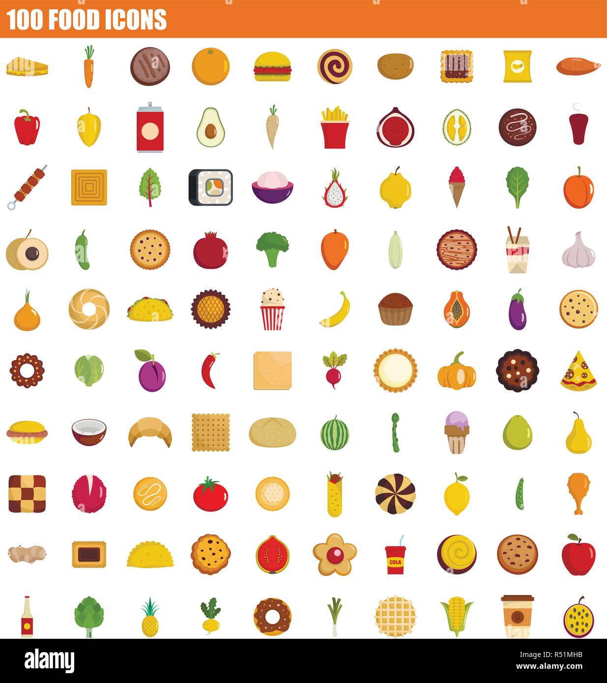A vibrant collection of various food icons including fruits, vegetables, and kitchen tools, designed for graphic and web designers.