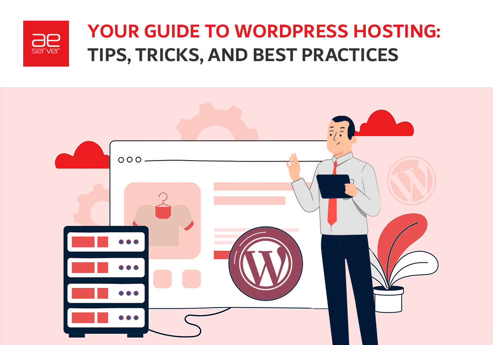 Illustrated guide showcasing WordPress hosting tips for freelancers and agencies including security measures and resource management.