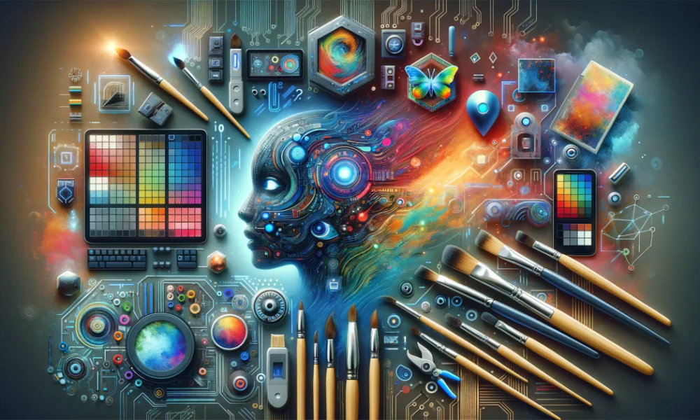 Illustration of graphic designers collaborating with AI tools in a modern, colorful workspace, showcasing the future of design.