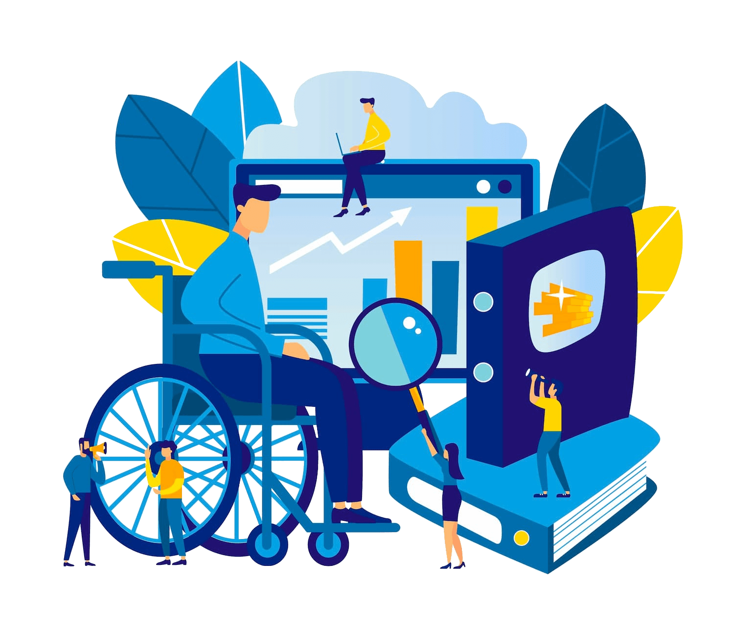 A conceptual illustration showing web accessibility and color contrast, featuring poor and optimal contrast examples, along with development tool icons.