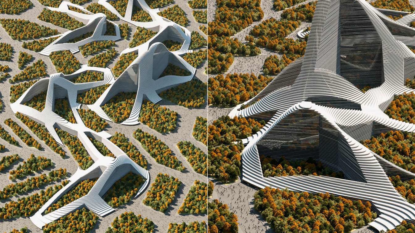 A futuristic design studio showcasing young designers collaborating with AI tools and holographic interfaces.
