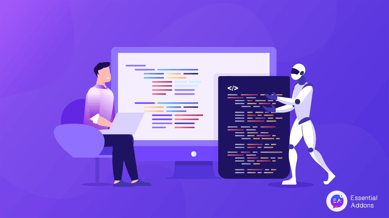 A modern web design studio showcasing a designer working with AI tools on multiple screens demonstrating advanced layouts and analytics.
