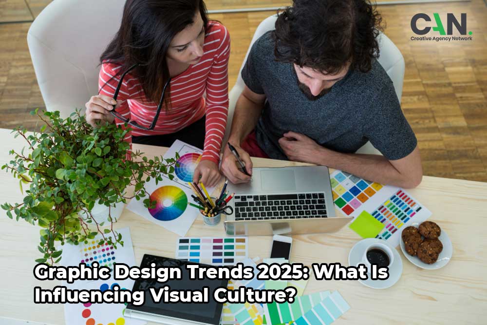 A creative display of graphic design trends for 2025, featuring bold colors, modern typography, and interactive elements.