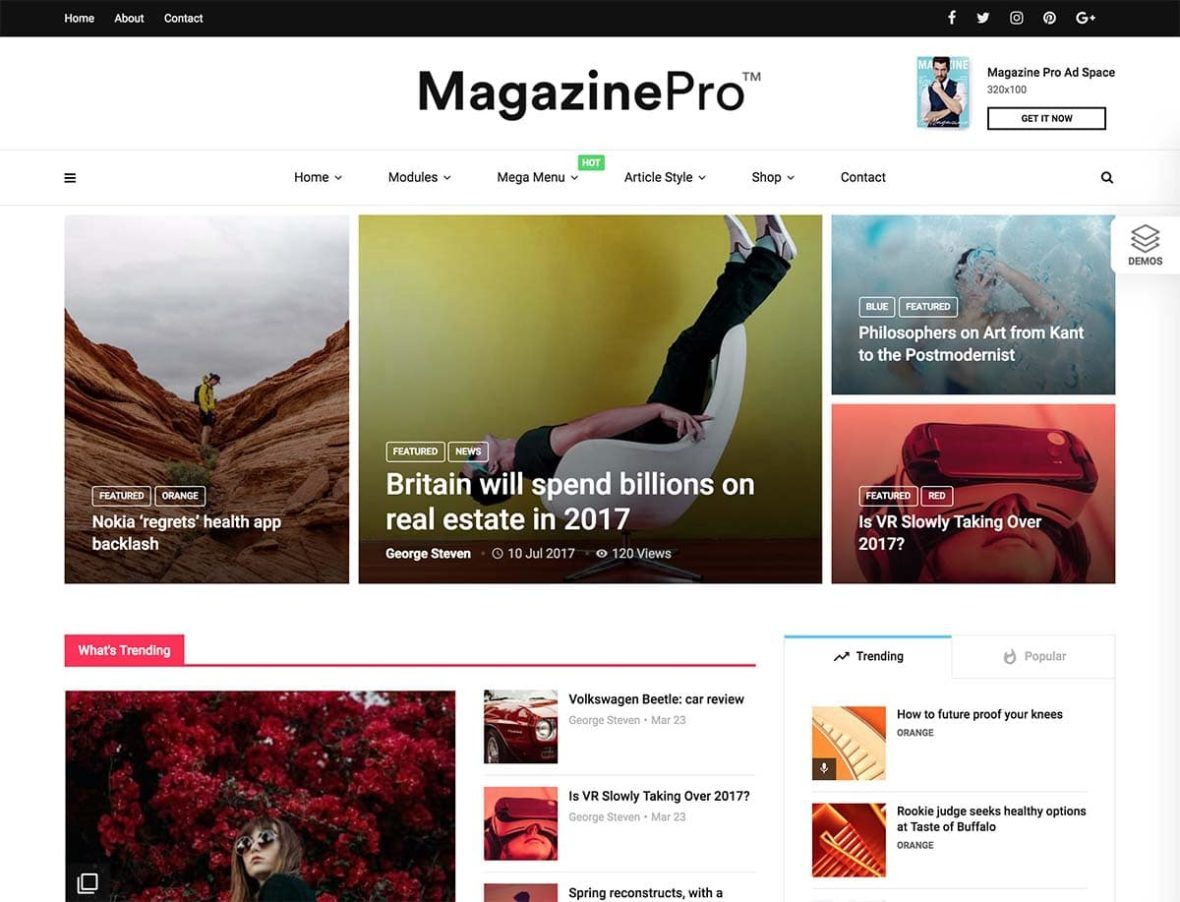A modern minimalist WordPress magazine theme layout featuring colorful article grid and customizable widgets.
