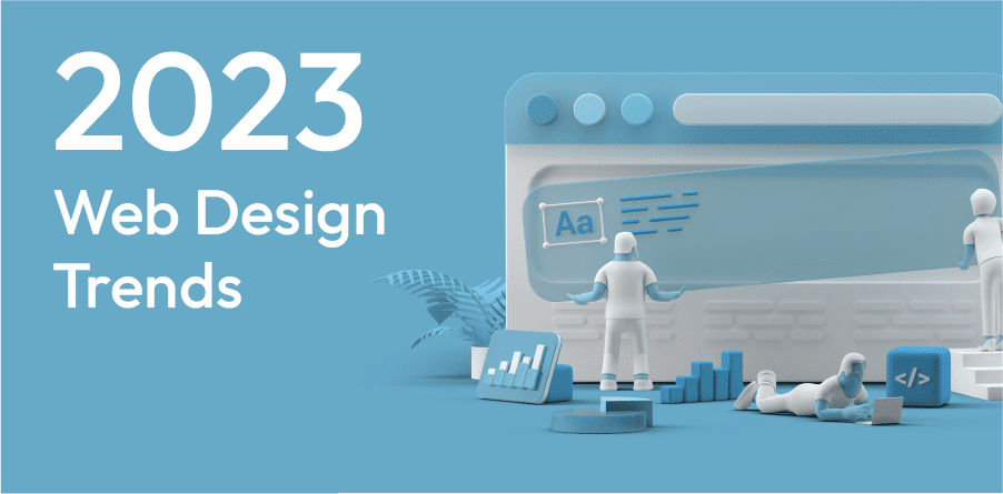 Modern web design interface showcasing dark mode, asymmetrical layouts, and engaging 3D elements reflecting 2023 design trends.