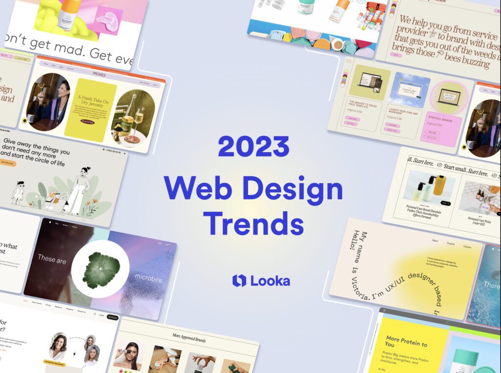 A vibrant collage illustrating key web design trends for 2023, highlighting diverse elements like dark mode, minimalism, 3D graphics, asymmetrical layouts, VUI, AR, micro-interactions, typography, sustainable practices, and accessibility.