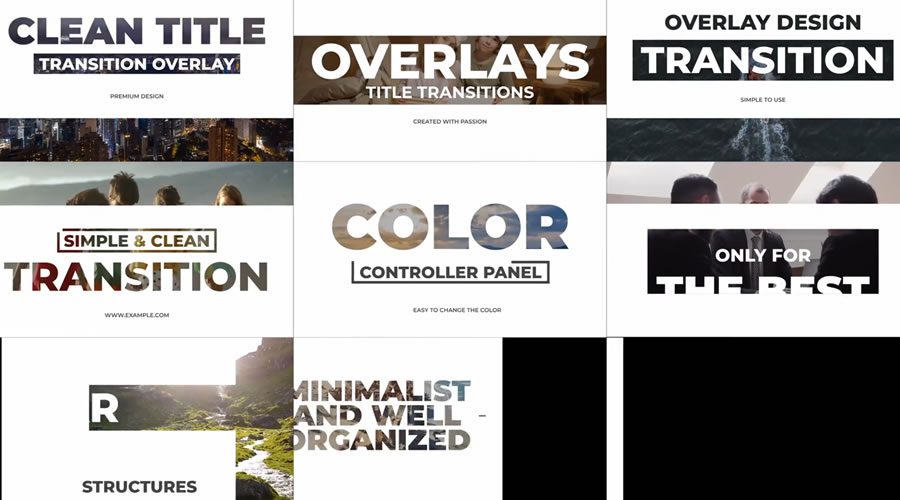 Dynamic collage showcasing 20+ unique title templates for DaVinci Resolve in 2025, featuring various styles and animations.