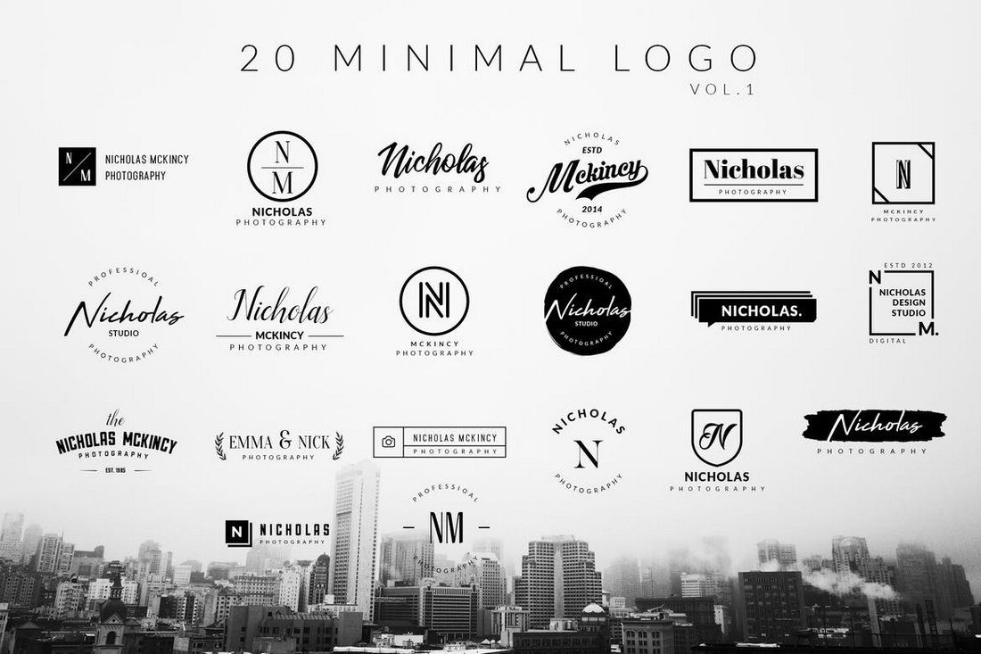 Collection of 100 minimalist logo designs featuring geometric shapes and clean lines on a white background.