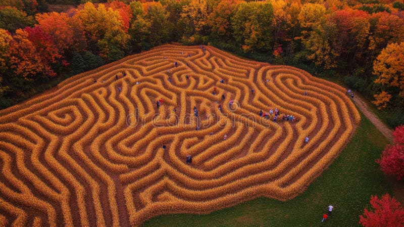 A colorful corn maze in autumn with pumpkins and falling leaves.