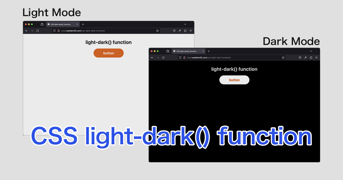 A modern graphic illustrating the CSS light-dark() function, contrasting light and dark color modes with code snippets and color swatches.