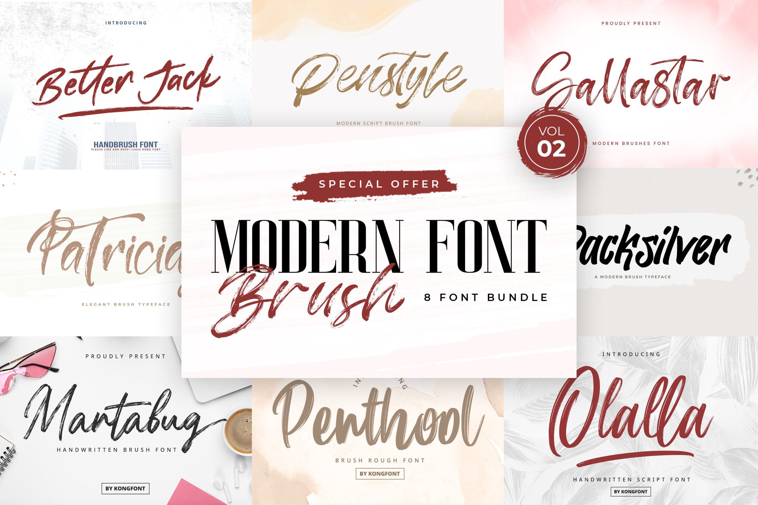 A creative workspace featuring various free brush fonts displayed on textured paper, surrounded by art supplies.