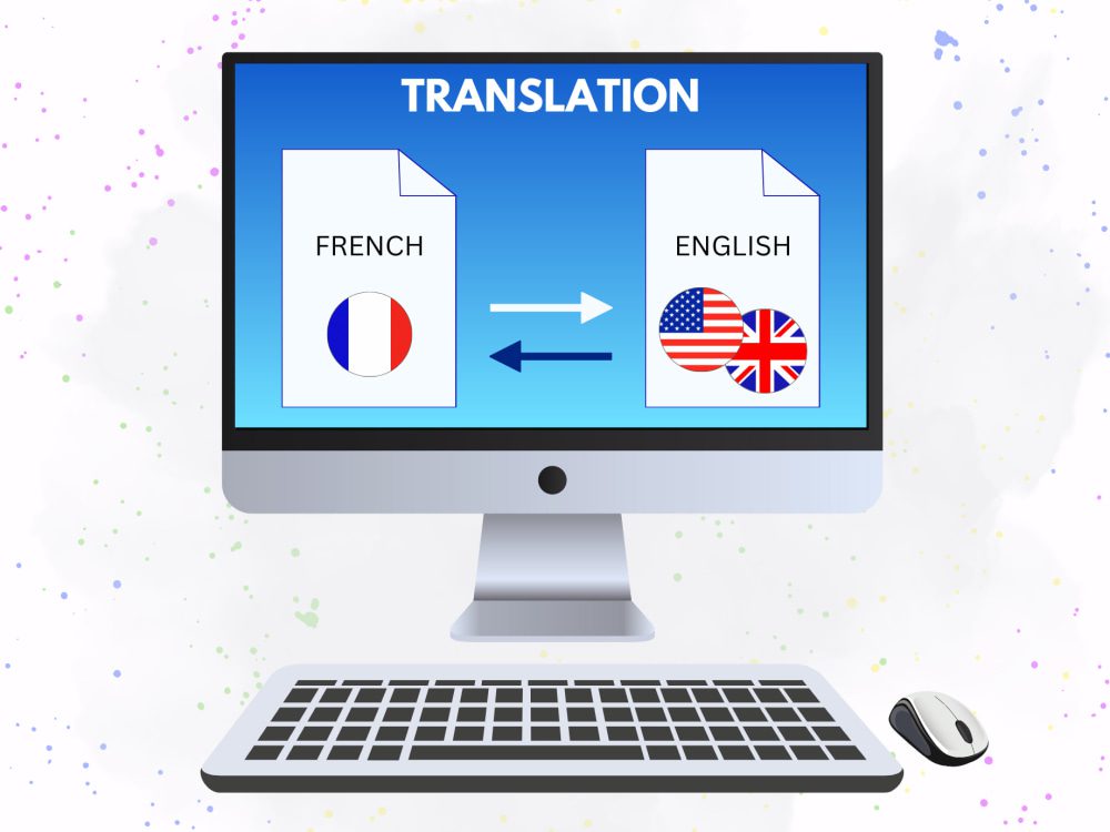 Digital illustration of a desk with English text, a translation app, and a note illustrating a summary, symbolizing translation and content summarization