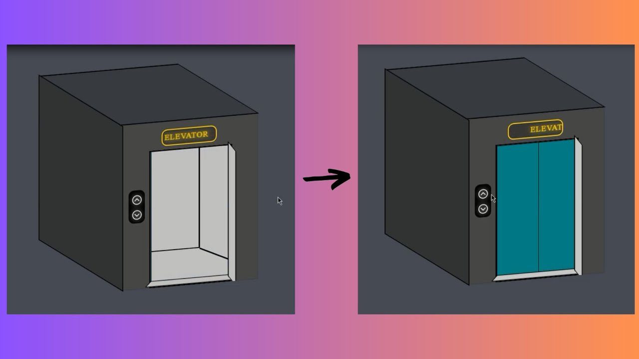 Artistic representation of a CSS-driven elevator control panel featuring radio buttons, animated arrow indicators, and Unicode floor numbers in a sleek, modern environment.