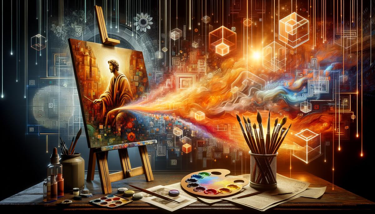 An artistic depiction of a canvas with abstract colors and a screen displaying colorful code, symbolizing the relationship between painting and web development.