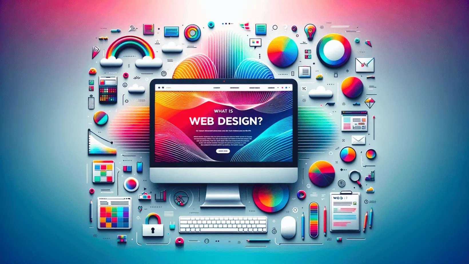 Illustration of a beginner's guide to web design showing tools, trends, and concepts in a clear, educational layout.