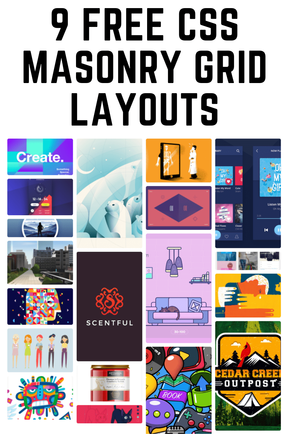 Illustration comparing CSS masonry layout implementations by Chrome and WebKit in a split-screen format.