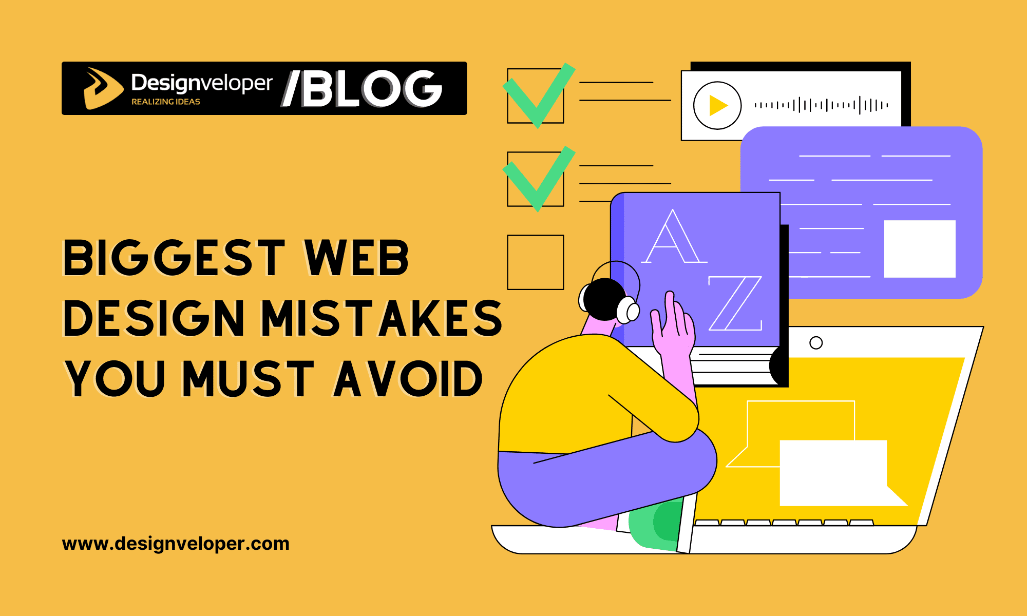 Thumbnail for web design mistakes to avoid, featuring a computer screen with a well-designed website layout and bold text overlay.