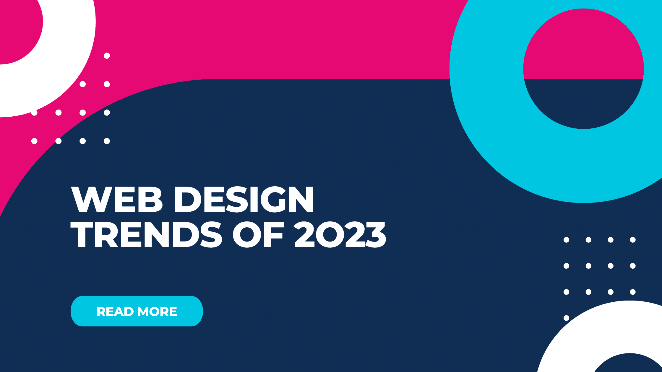 A modern and innovative web design layout showcasing key trends in 2023, including dark mode, minimalist style, 3D elements, and eco-friendly features.