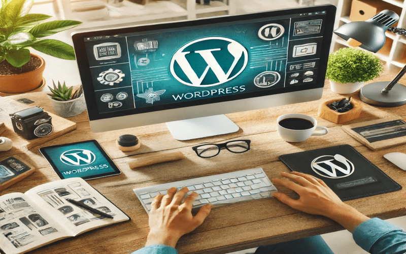 A modern digital workspace for WordPress development showcasing coding, themes, and design elements.