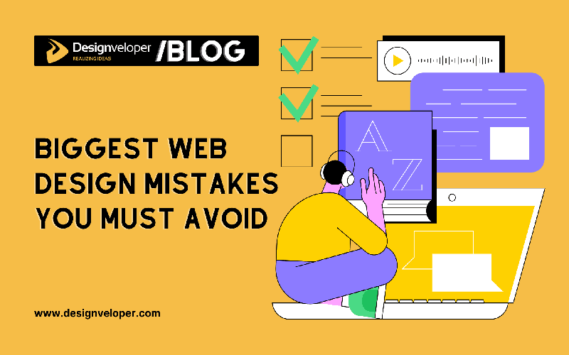 Infographic showing 10 common web design mistakes and tips to avoid them.