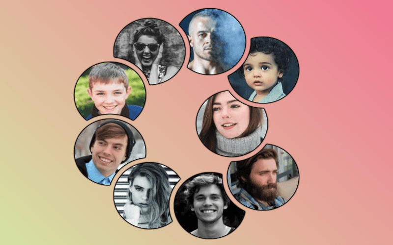 Modern circular arrangement of diverse avatar images in a responsive design, showcasing interactivity and modern web styling.