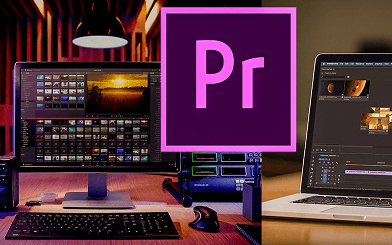 Promotional image showcasing video editing with Premiere Pro and colorful LUTs for color grading.
