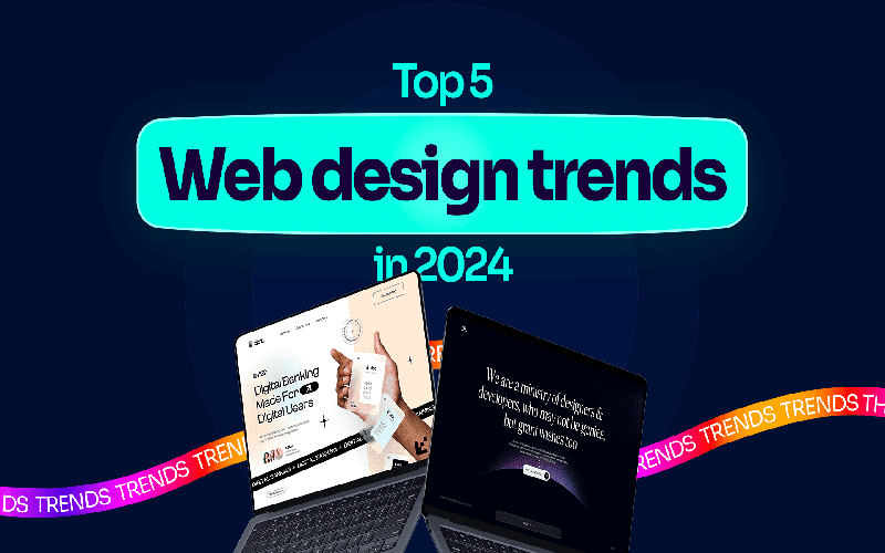 An illustrative representation of modern web design trends for 2024, showcasing elements like minimalism, dark mode, AI chatbots, fluid designs, and bold colors.