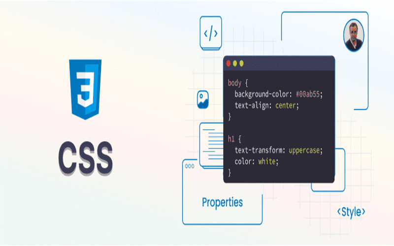 Futuristic representation of CSS web development with browser icons and celebratory elements for the new year.