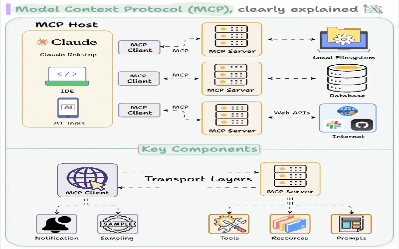 Illustration depicting the integration of Model Context Protocol with WordPress, showcasing AI bridging functionalities and plugins in a vibrant digital landscape.