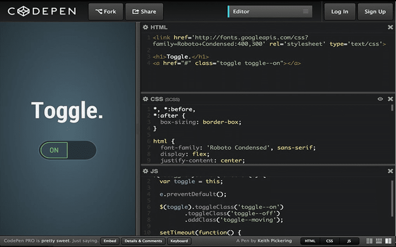 A colorful illustration of a developer using CodePen with animated code snippets and sliders displaying CSS variables.