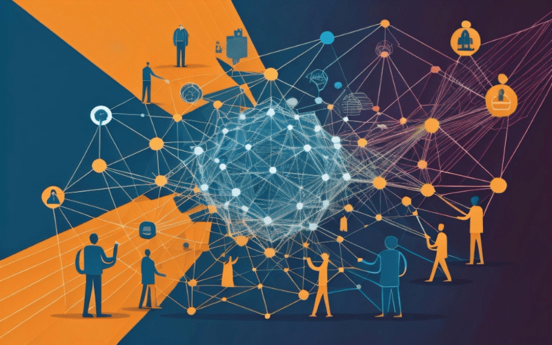 Digital illustration representing a tech-savvy community sharing content across social media platforms.