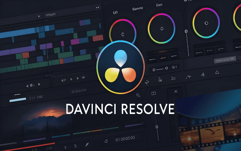 Vibrant workspace illustration featuring DaVinci Resolve transition packs and video editing tools.