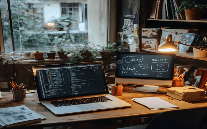 A digital illustration of a cozy coding workspace during rain, featuring CSS code on a laptop about lazy loading and corner-shapes.